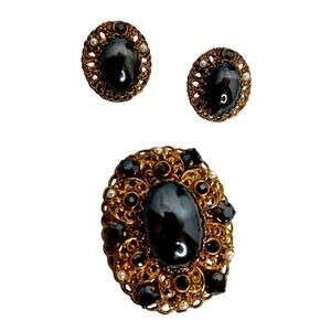 Vintage West Germany Hematite Glass Rhinestone Pearl Filigree Brooch Earring Set